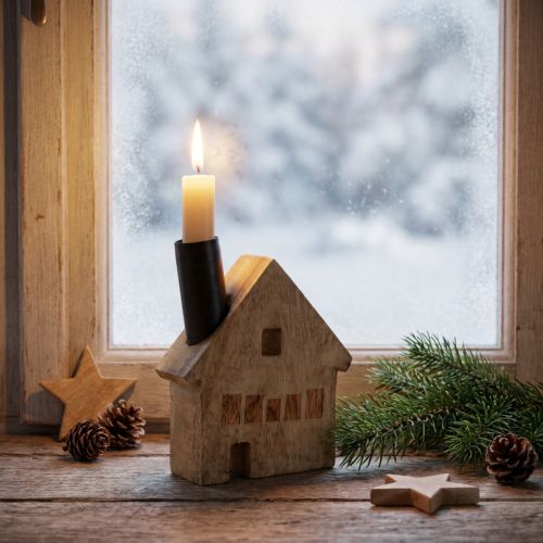 Deko-Haus mit Kerzenhalter aus Mangoholz und Metall 10,5×3,5×13 cm Natur Schwarz | Floristik24.ch