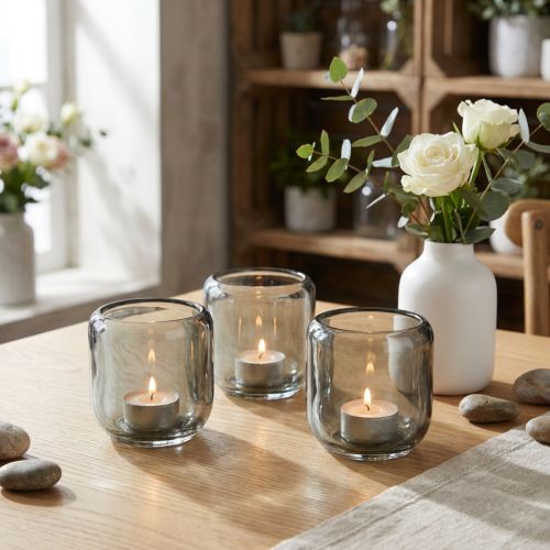 Teelichthalter Glas Grau 8 cm mit Rillen-Dekor 6 Stück | Floristik24.ch