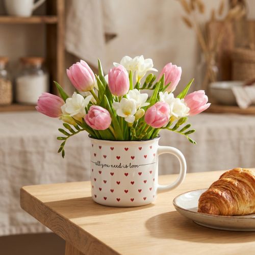 Tasse mit Herzen Keramiktasse Weiß Rot Ø9cm H9cm | Floristik24.ch