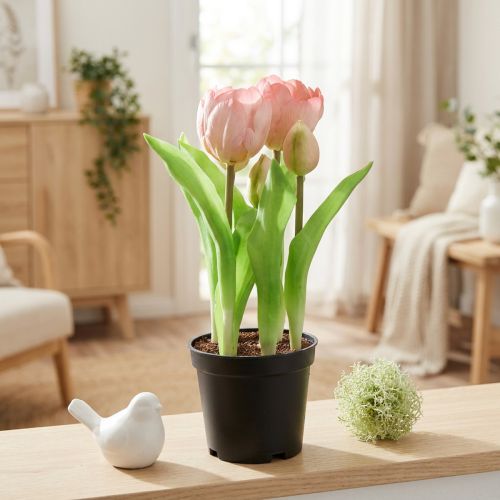 Künstliche Tulpen im Topf aus Kunststoff und Metall 22,5 cm Rosa Gelb | Floristik24.ch