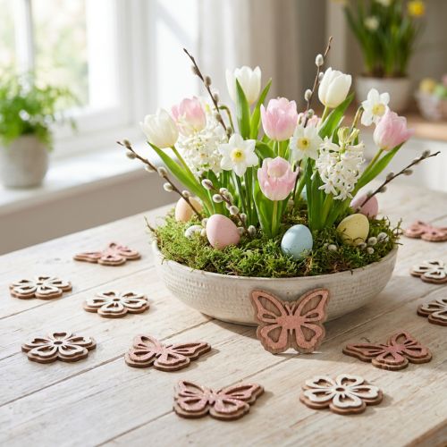 Streudeko Holzmotive Blumen und Schmetterlinge Ø 4 cm Weiss Rosa Glitter 36 Stück | Floristik24.ch