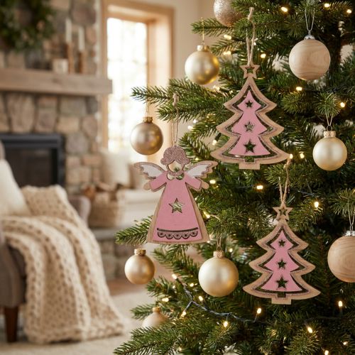 Christbaumanhänger Holz Rosa Natur Engel und Tannenbaum 11 cm 8er-Set | Floristik24.ch