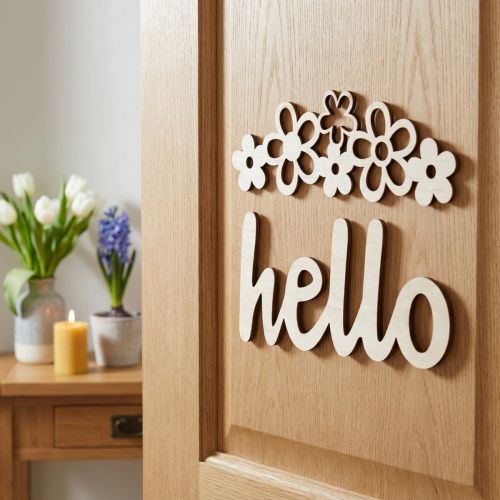 Holzdeko-Schild mit Blumen-Motiv und „Hello“-Schriftzug, Magnet, Natur, 18/19,5 cm, 6er-Set | Floristik24.ch