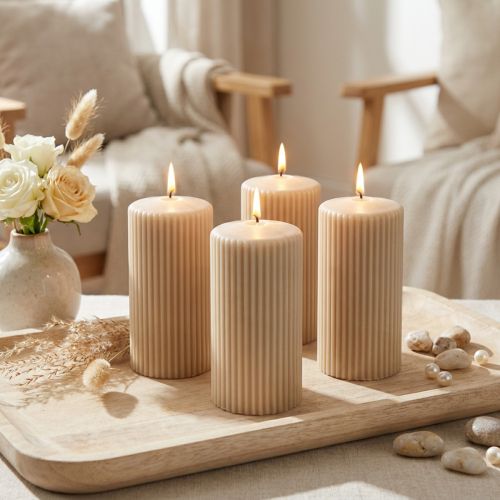 Stumpenkerzen aus Wachs Beige Rillenstruktur Ø 70 mm H 130 mm 4 Stück | Floristik24.ch