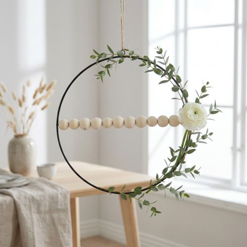 Artikel Dekoring Metall mit Holzperlen Ø30 cm Schwarz Weiss Natur 4er Set