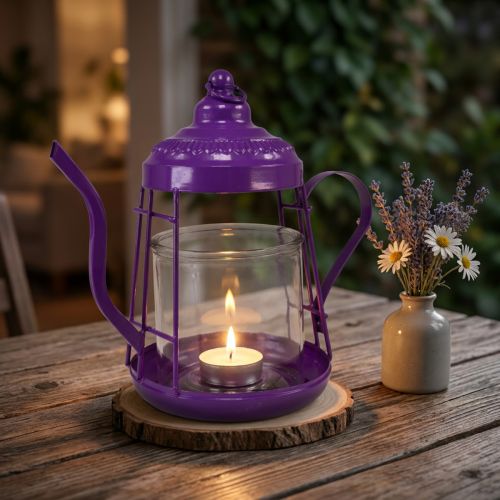 Teelichthalter Glas Windlicht Teekanne Metall Lila 15x26cm | Floristik24.ch