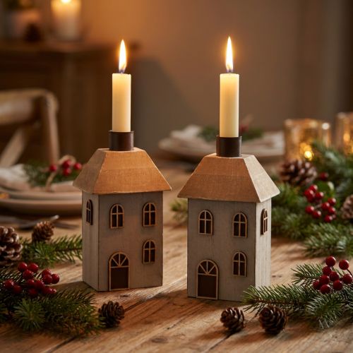 Kerzenhalter aus Holz in Hausform für Stabkerzen 14,5 cm, 2er-Set, grau-beige | Floristik24.ch