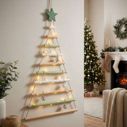 Hängedeko Weihnachtsbaum aus Holz mit Stern 59cm Natur Weiss Grün | Floristik24.ch