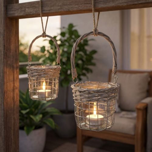 Windlicht Hängeleuchte Metall Glas Weidengeflecht Ø13 cm H12 cm 2er-Set | Floristik24.ch