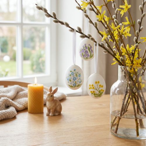 Artikel Ostereier aus Naturweiss, Hühnereier, mit Blütenmotiven, 6 cm, Set mit 6 Stück, für Osterdeko im Innenbereich