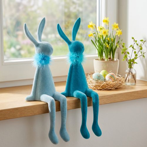 Set aus 2 Kantenhocker Hasen – Osterdekoration aus Kunststoff, 36 cm, Hell- und Dunkelblau | Floristik24.ch