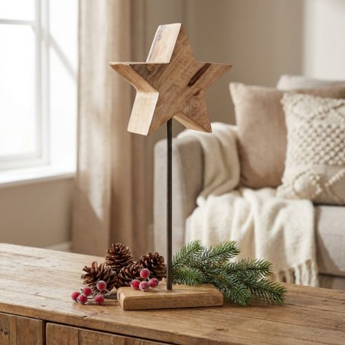 Holzstern aus Mangoholz mit Sockel und Metallstab 20x9,5x50 cm | Floristik24.ch