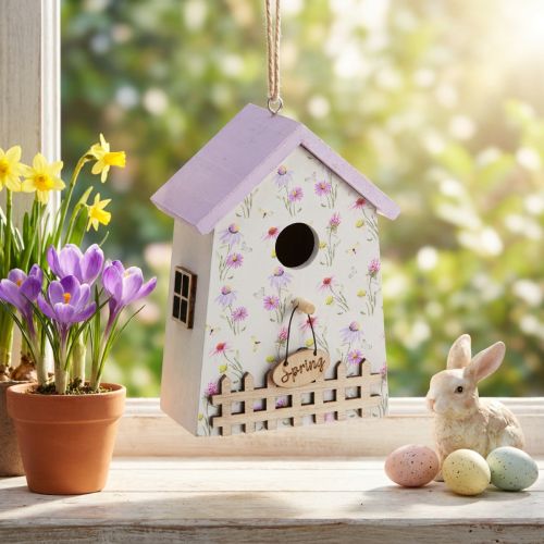 Artikel Holz-Deko-Vogelhaus H11cm, Weiss mit Fliederfarbenem Dach, Frühlingsmotiv, 3 Stück
