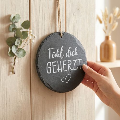 Schieferplatte rund mit Gravur