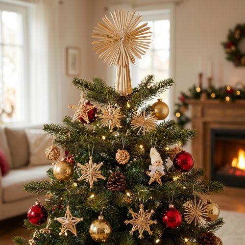 Strohstern-Set aus 35 Figuren und Sternen für Christbaumschmuck, naturfarben | Floristik24.ch