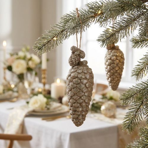 Zapfen mit Glitter Hellgold, Kunststoff, 14 cm, 3er-Set | Floristik24.ch