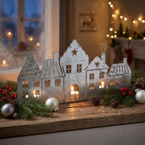 Weihnachtsdeko Teelichthalter Stadtsilhouette Metall Silber 25cm | Floristik24.ch