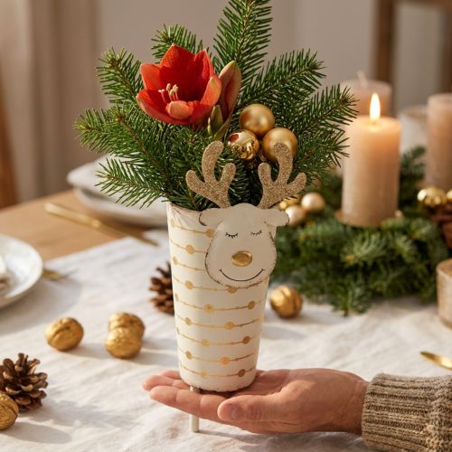 Rentier-Pflanztopf Metall Weiss Gold Ø8,5cm H28cm Weihnachtdeko | Floristik24.ch