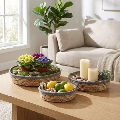 Rundes Korbtablett-Set aus Schilf, 3er-Set Ø33/30/25 cm, Natur Braun Grau, für Dekoration und Pflanzen | Floristik24.ch