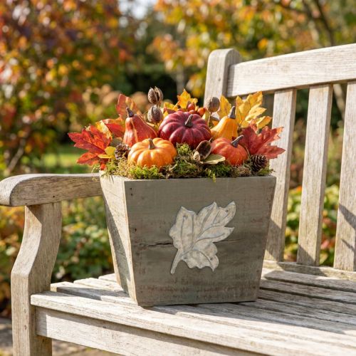 Pflanzkasten Holz Shabby Chic Grau mit Blattmotiv 11×14,5×14 cm für Innenbereich | Floristik24.ch
