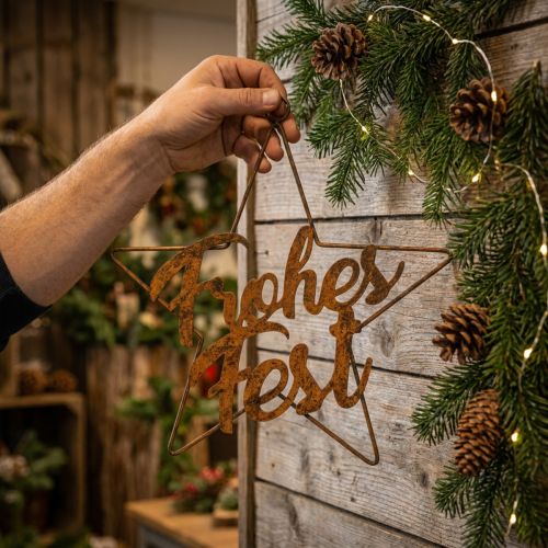 Metallstern Frohes Fest mit Jutekordel 40 cm kupferfarben | Floristik24.ch