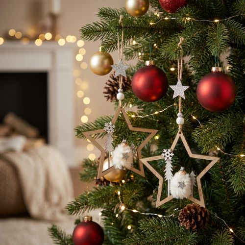 Weihnachtsdeko Stern Holz Ø13,5 cm mit Engel und Tannen 4 Stück | Floristik24.ch