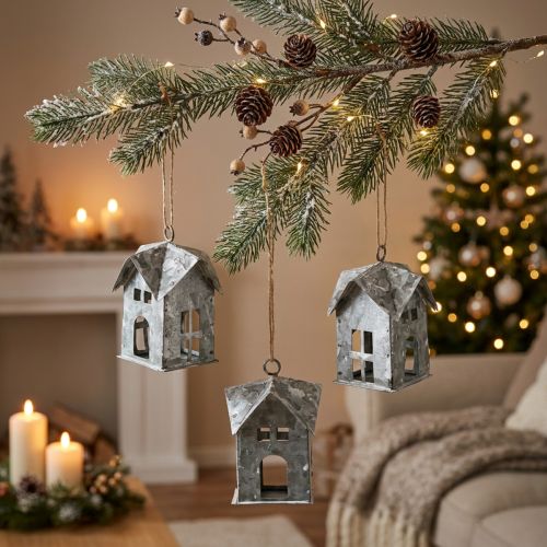 Weihnachtsanhänger Metall Häuschen Shabby Chic Weiss H9,5cm 3er-Set | Floristik24.ch