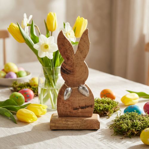 Osterhase Dekoration Holz mit Metall-Eiern, 20,5 cm, Natur/Silber | Floristik24.ch