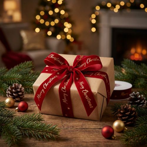 Rotes Samt-Geschenkband mit „Merry Christmas“-Aufdruck, 25mm x 20m | Floristik24.ch