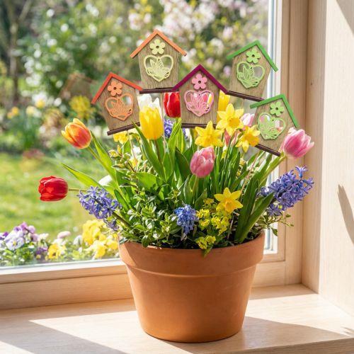 Artikel Blumenstecker aus Holz Frühling, Haus mit Schmetterling und Blume, 8,5 cm, 12 Stück, sortiert