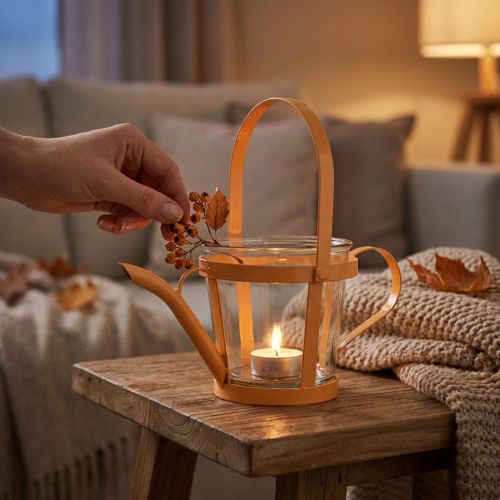 Windlicht aus Glas und Metall in Giesskannenform, Orange, Ø14cm, H13cm | Floristik24.ch