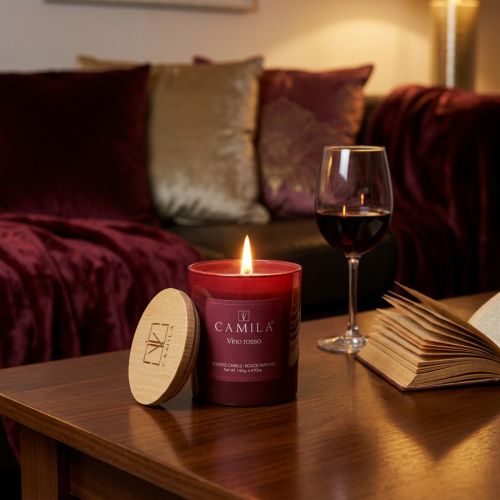 Artikel Duftkerze im Glas mit Holzdeckel Vino Rosso Ø7,5cm H8cm Rot