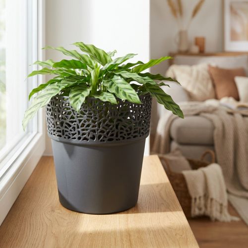 Blumentopf Kunststoff Anthrazit Ø14,5cm H15,5cm mit Muster für Innen und Aussen | Floristik24.ch