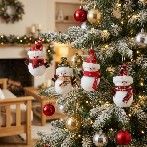 Christbaumschmuck Schneemann-Set aus Watte mit Mütze 9 cm Weiss-Braun 4 Stück | Floristik24.ch