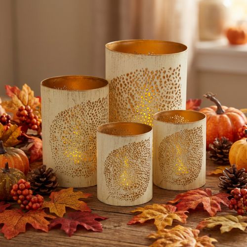 Herbst Windlicht Metall 3er-Set H 20,5/15,5/10,5 cm creme-gold mit Blättermotiv | Floristik24.ch