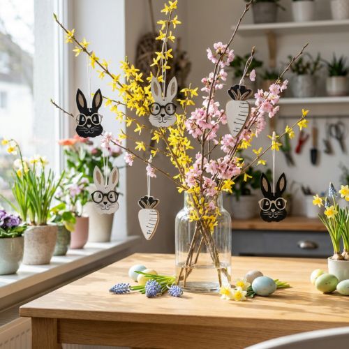 Holzanhänger Hase mit Brille und Glitter-Möhre, 4×7,5 cm, 9 Stück, schwarz-weiss-gold | Floristik24.ch