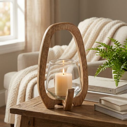 Laterne aus Mangoholz und Glas für Teelichter Ø12cm H20cm Natur | Floristik24.ch