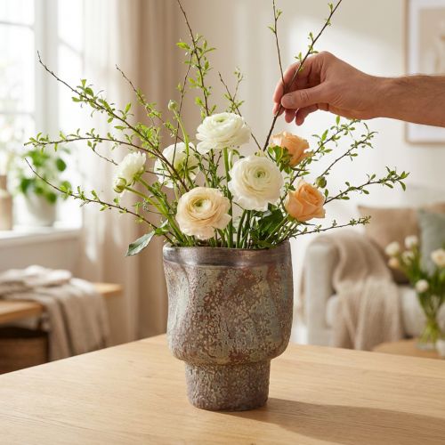 Deko Vase Keramik Übertopf Metallic Braun Graublau 16,5×20,5cm | Floristik24.ch