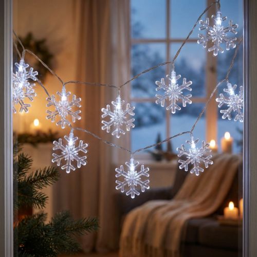 Artikel LED Schneeflocken Lichterkette für Innen Kaltweiss 25×90 cm Transparent Kabel Batterie