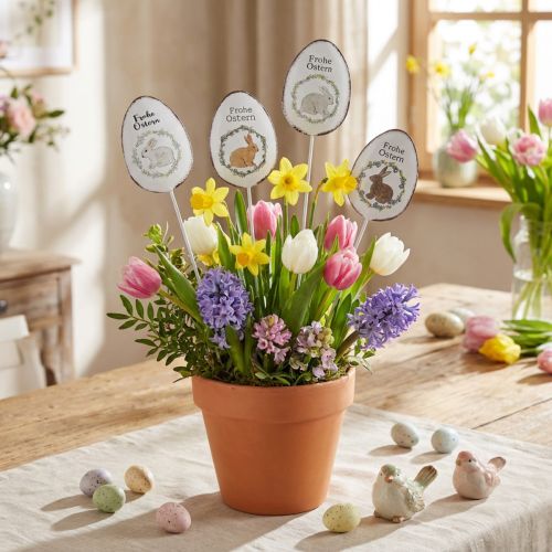 Metall-Blumenstecker Ostereier mit Hasenmotiv, 5×7 cm, 8 Stück, Weiss und Rost | Floristik24.ch
