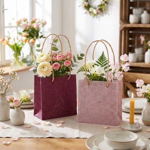 Artikel Papier Geschenktüten mit Henkel Gewebt-Optik 12x12cm Burgund Rosa 8 Stück
