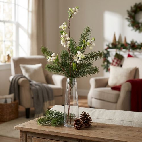 Künstlicher Schneebeerenzweig aus Schaumstoff, 7 Verzweigungen, grün-weisse Beeren, Länge ca. 74 cm | Floristik24.ch