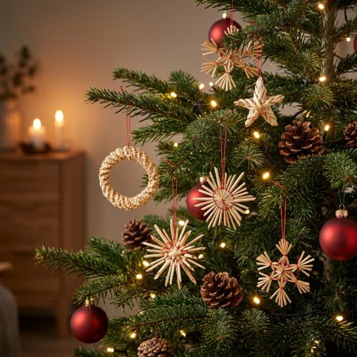Christbaumschmuck Strohsterne Natur Rot Ø4-6cm 17-teilig | Floristik24.ch