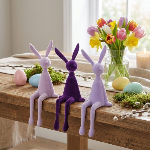 Kantenhocker Hase beflockt 36 cm Lila Flieder 3er-Set Osterdeko | Floristik24.ch