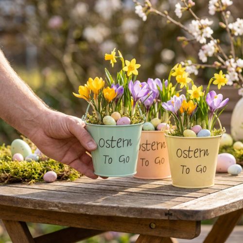Mini-Eimer aus Metall, 8×7 cm, Ostern to Go, Orange Mint Gelb, 6 Stück | Floristik24.ch