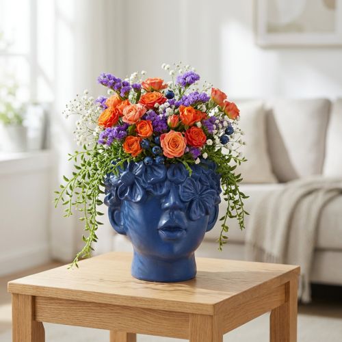 Pflanzkopf aus Polyresin – Blaue Büstenförmige Übertopf 13,5 x 13 x 14 cm für Innenbereich | Floristik24.ch