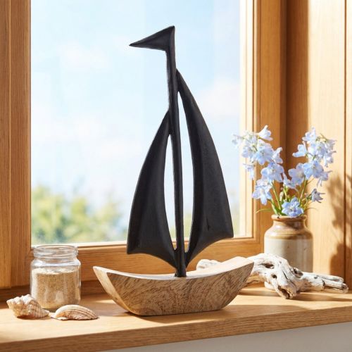 Artikel Deko Segelboot aus Holz und Metall, Natur-Schwarz, Höhe 30,5 cm