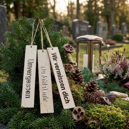 Holzanhänger mit Trauerspruch 16×2,5cm Natur Olivgrün 12 Stk. | Floristik24.ch