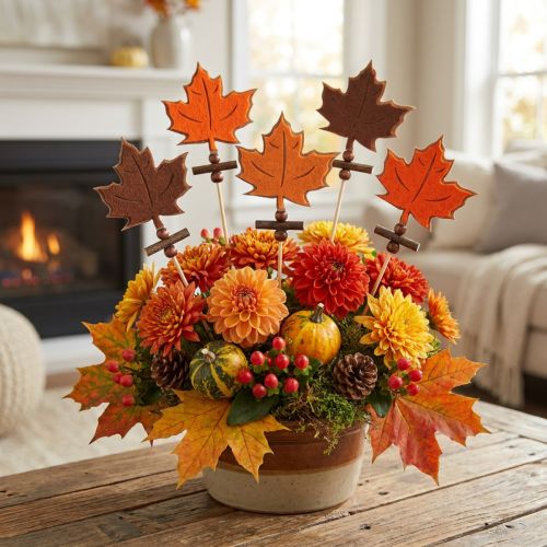 Herbstdeko Ahornblatt Stecker aus Holz und Filz, 35cm, 12er Set, Orange, Braun, Hellorange | Floristik24.ch