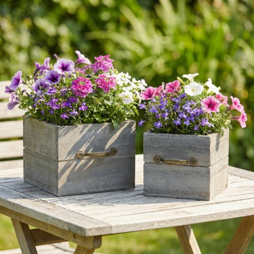 Pflanzgefäss Holz Schublade 15x15cm und 12x12cm 2er-Set Grau mit Metallgriffen | Floristik24.ch